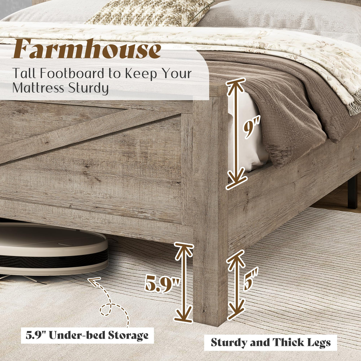 AMERLIFE Farmhouse King Bed Frame, Rustic Wood Platform Bed w/Barn Door Storage Bookcase Headboard & Charging Station, Bedroom Furniture, No Box Spring Needed, Light Grey AMERLIFE