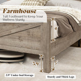 AMERLIFE Farmhouse King Bed Frame, Rustic Wood Platform Bed w/Barn Door Storage Bookcase Headboard & Charging Station, Bedroom Furniture, No Box Spring Needed, Light Grey AMERLIFE