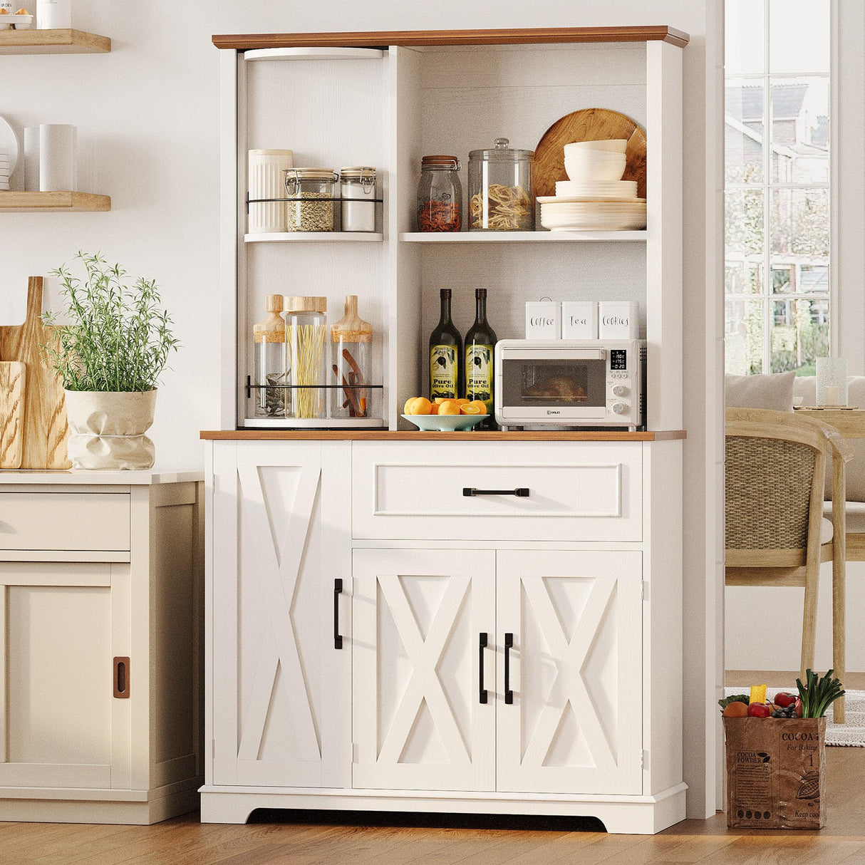 IRONCK Farmhouse Kitchen Pantry Cabinet with Charging Station, Kitchen Hutch Storage Cabinet with Microwave Stand and Rotating Rack for Kitchen, Dining Room, White IRONCK