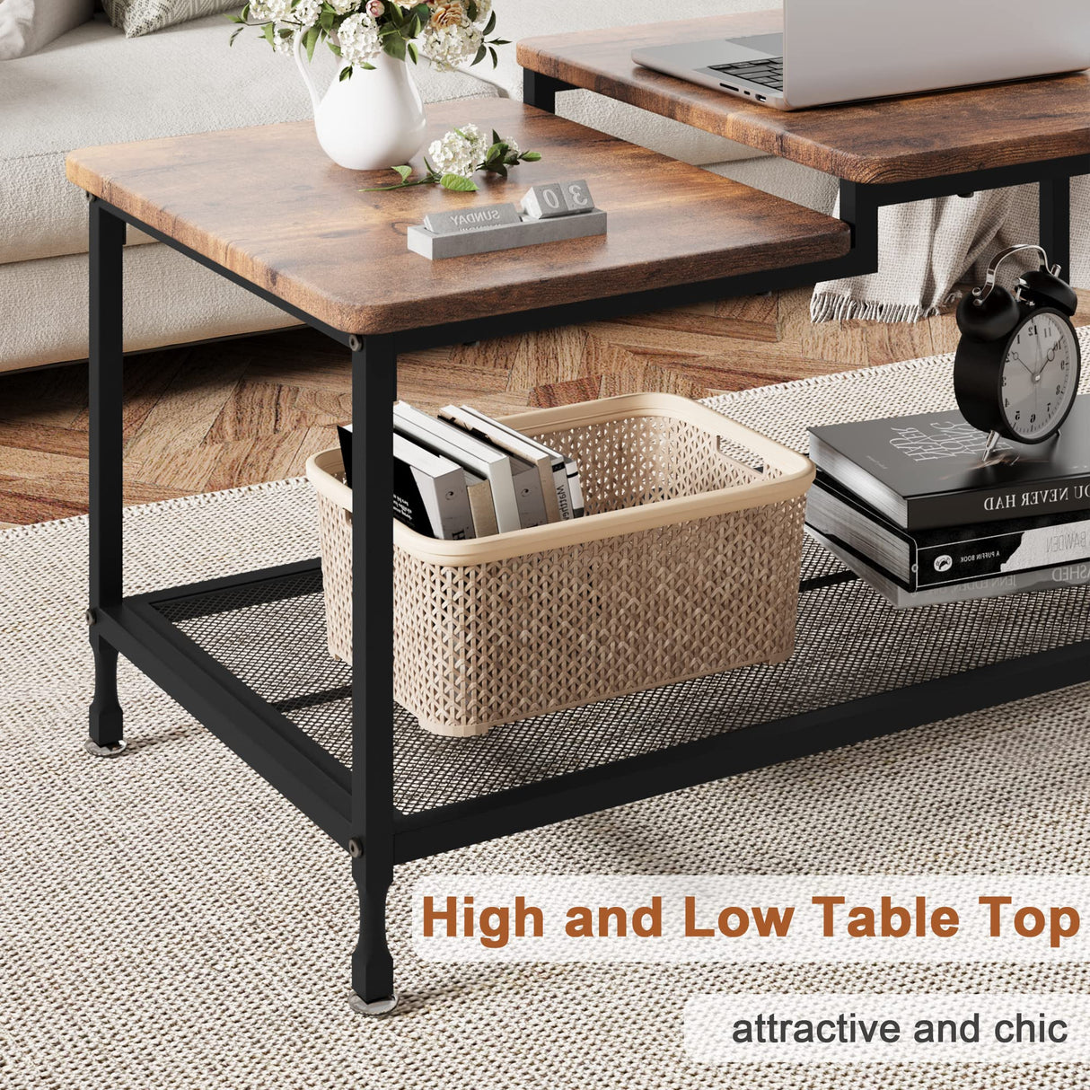 IDEALHOUSE Coffee Table Industrial Living Room Table 2-Tier Rustic Center Table with Mesh Shelf Rectangle Storage Cocktail Table Metal Frame, Easy to Assemble, Rustic Brown IDEALHOUSE