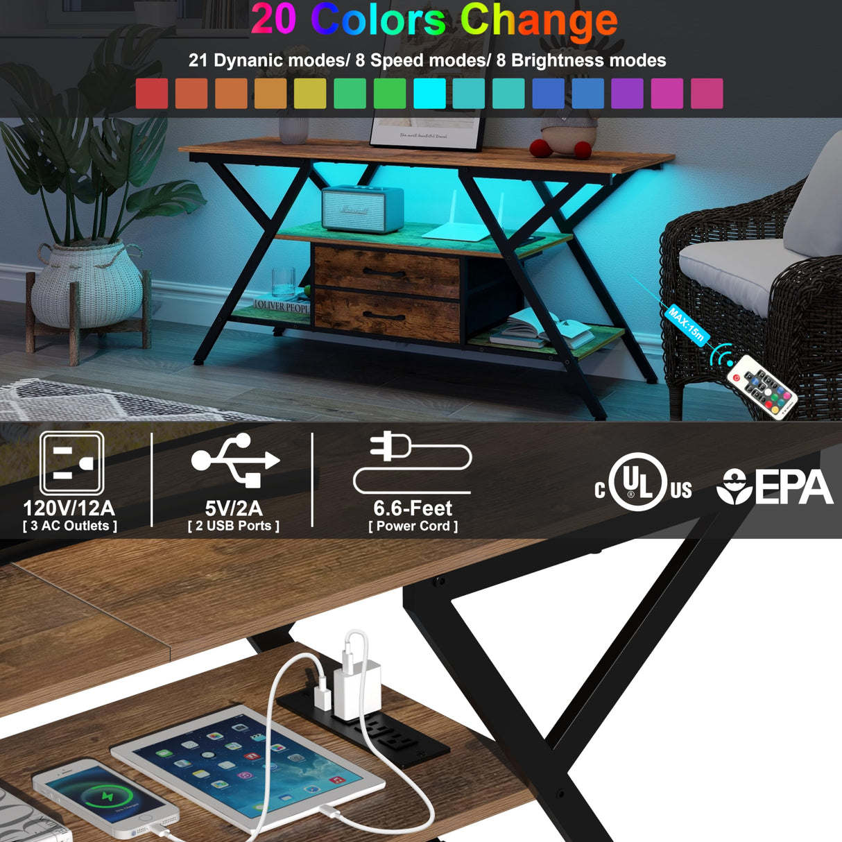 Simoretus Modern 55" TV Stand with Power Outlet for TV up to 65 Inch, LED and 2 Storage Fabric Drawers, Entertainment Center with Charging Station for Living Room Bedroom (Rustic Brown) Simoretus