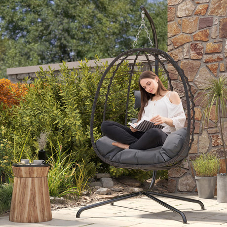 Egg Chair with Stand, Patio Wicker Hanging Chair, Hammock Swing Chair, 350LBS Capacity for Bedroom, Balcony, Garden(BR-GR) DoubleTT