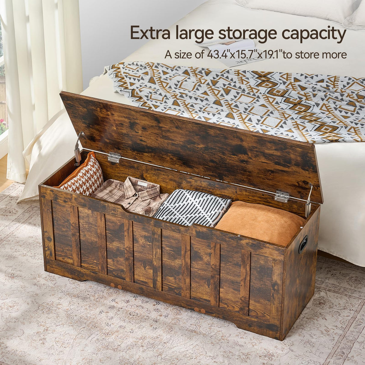 VANKILEY 47.2"Storage chest extra large,storage trunk with 2 safety Hinges,Wooden storage bench,Shoe Bench,47.2x15.7x19.1 Inch,Easy Assembly,storage bench for bedroom,living room,entryway,Rustic brown VANKILEY
