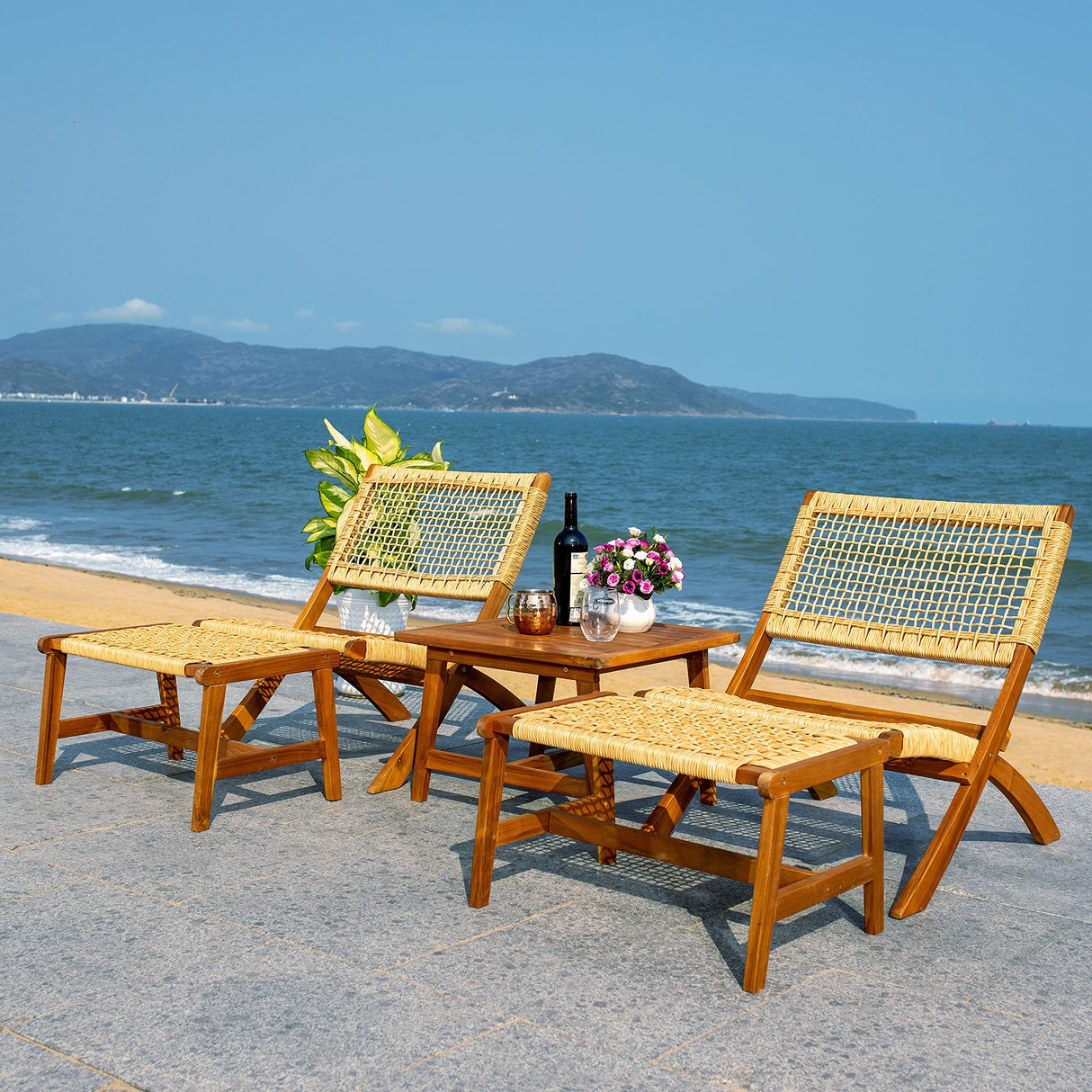 SAFAVIEH Outdoor Collection Casella Acacia Wood/Light Brown 5-Piece Patio Set PAT7077A, Natural/Natural Safavieh