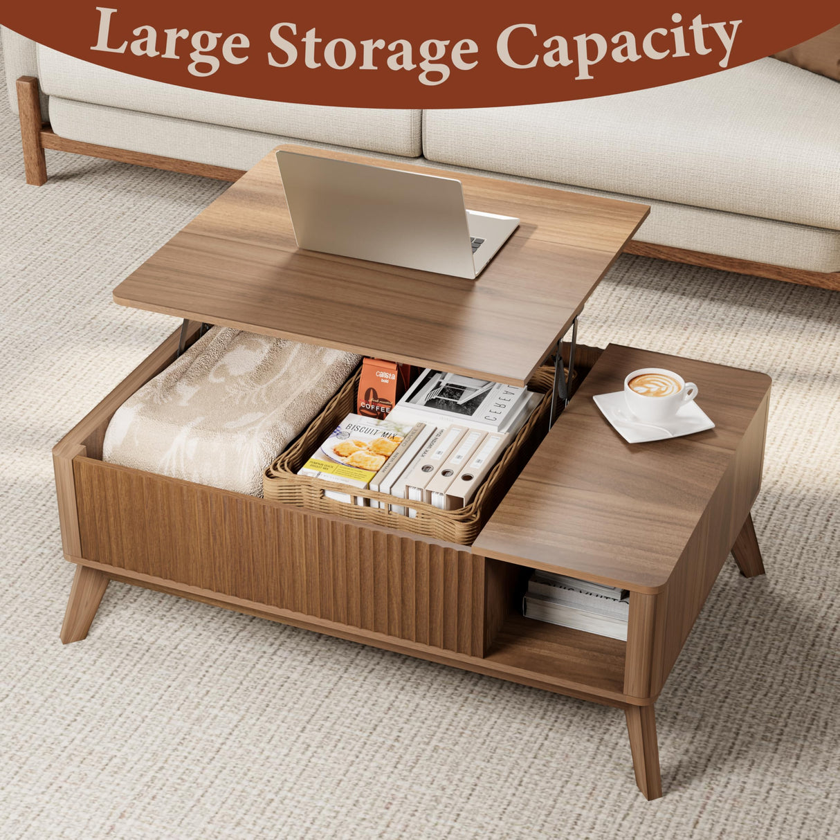 Lift Top Coffee Table with Storage Hidden Compartment, 40" Mid - Century Modern Wooden Living Room Center Table, Adjustable Height Desk for Laptop, Multifunctional Sofa Side Table，Walnut Royal Windsor