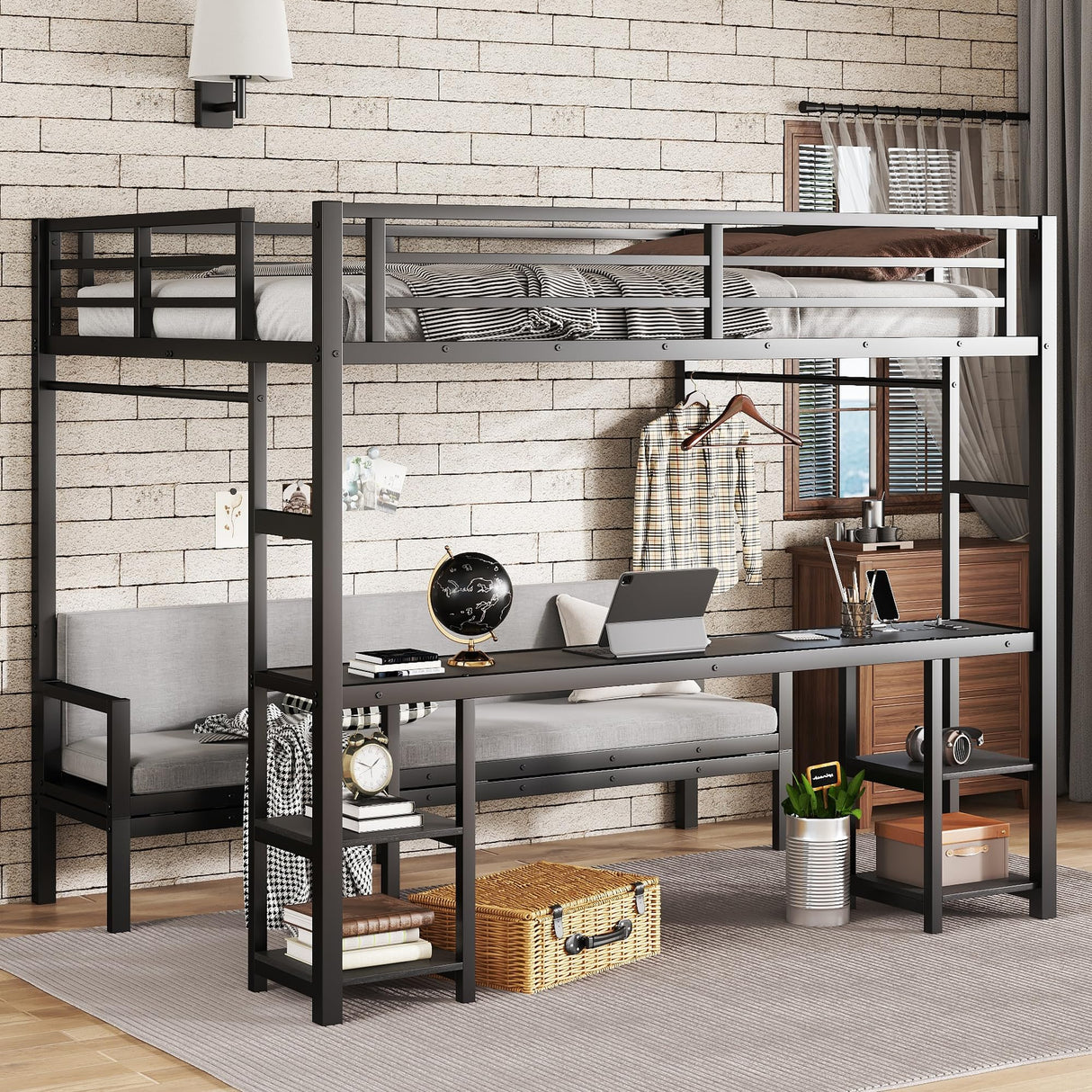 Bellemave Futon bunk Bed Twin XL Over Queen, Queen loft Bed with futon and Desk and Shelves, LED, USB, Black Bellemave