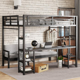 Bellemave Futon bunk Bed Twin XL Over Queen, Queen loft Bed with futon and Desk and Shelves, LED, USB, Black Bellemave