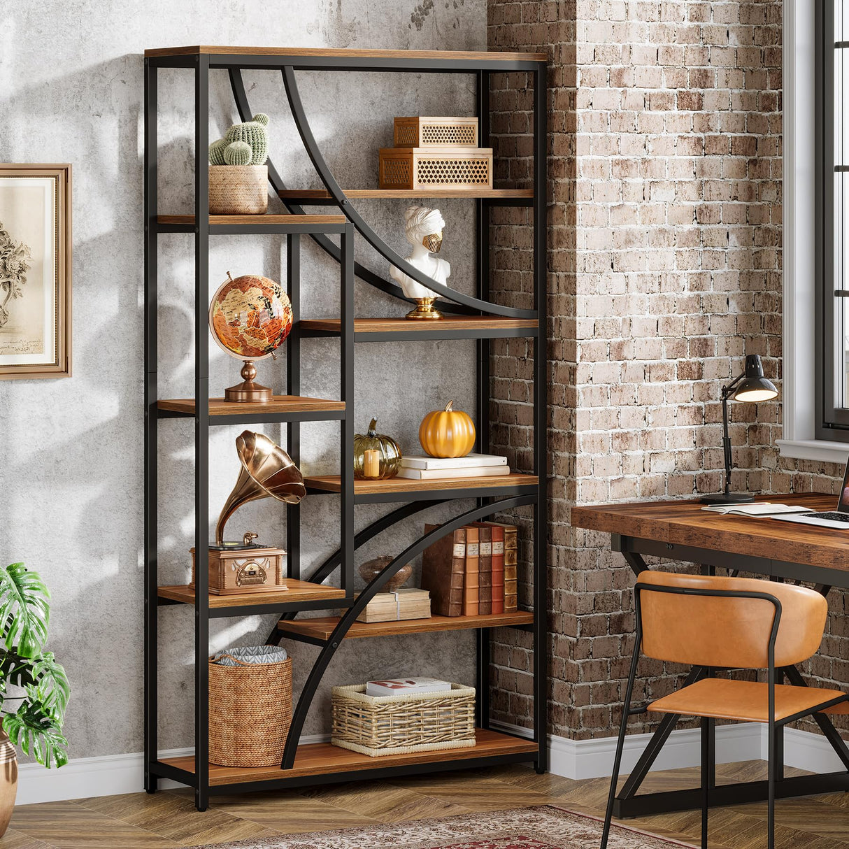 Tribesigns 70.87'' Tall Bookshelf, 9-Tier Industrial Etagere Bookcase, Large Geometric Bookshelves with Open Shelf, Wood & Metal Freestanding Display Shelf for Living Room, Brown & Black Tribesigns