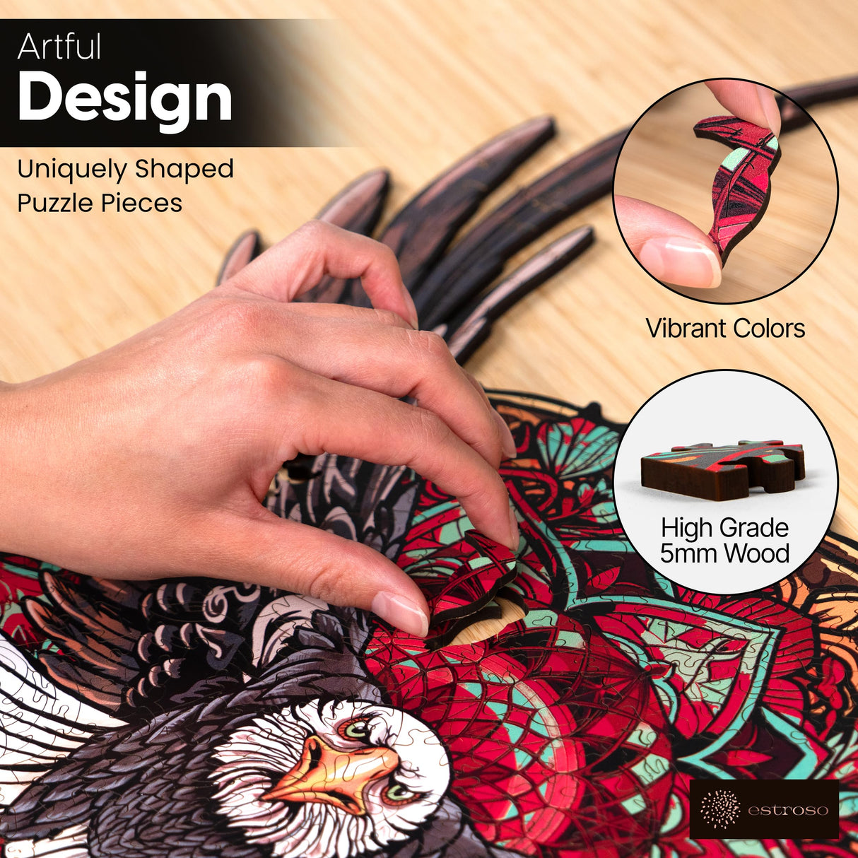 ESTROSO Wooden Puzzles for Adults - Bald Eagle Mandala 500 Piece Wooden Jigsaw Puzzle - 20.9x16.4 Inches - Giftable Wooden Box and Carrying Bag - Challenging Wooden Jigsaw Puzzles ESTROSO