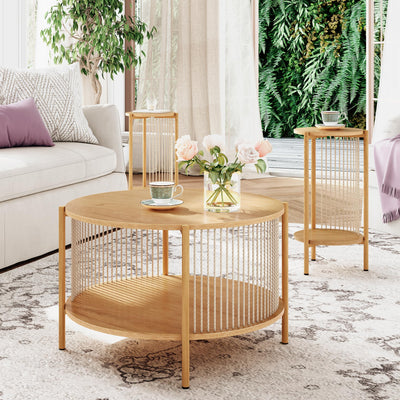 Brafab Natural Fiber Rope Coffee Table Set of 3 for Living Room, Round Rattan Coffee Table and Two End Tables, Boho 2 Tier Modern Side Table with Metal Frame for Apartment Office (Natural)