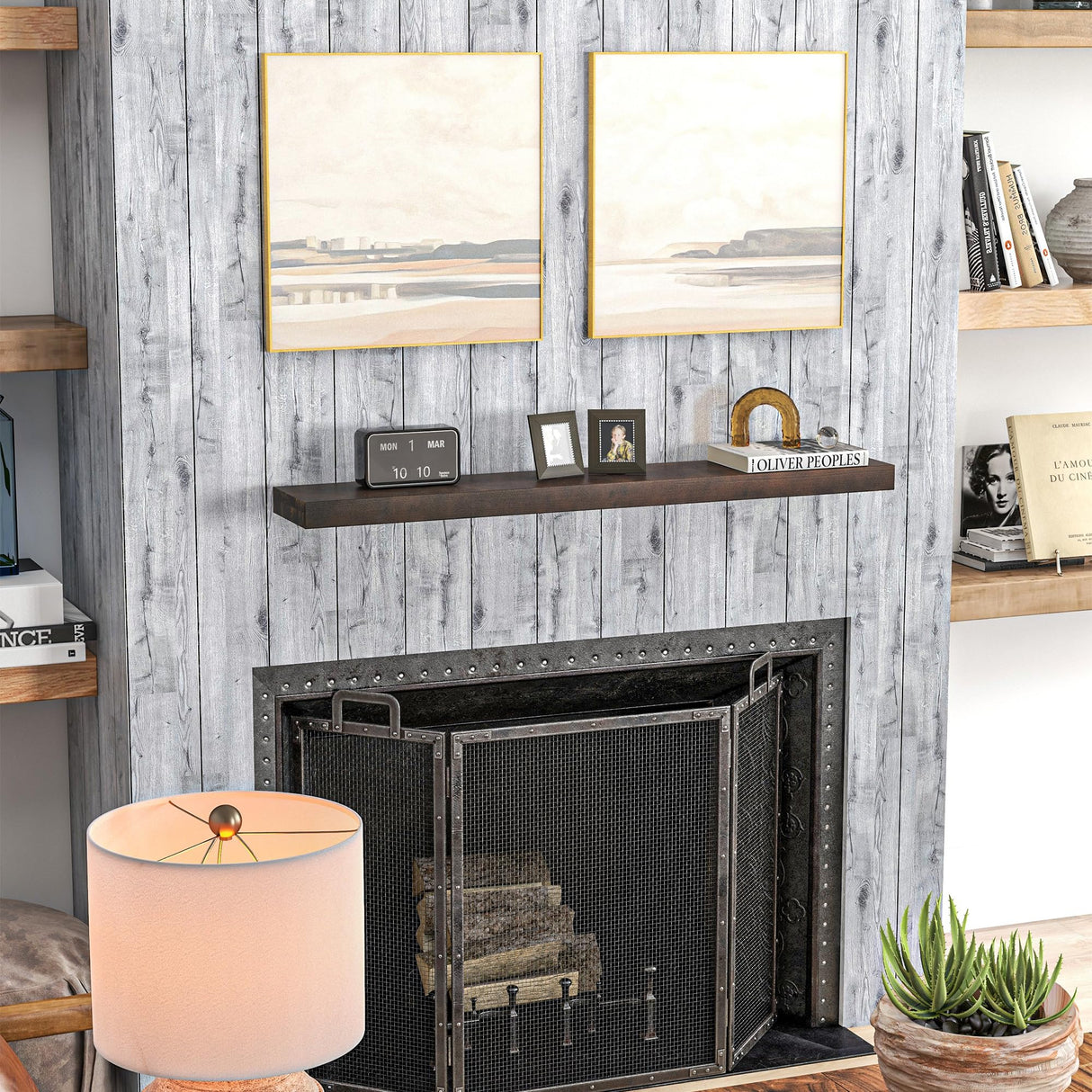 HOMCOM 48 Inch Fireplace Mantel, Floating Farmhouse Solid Fir Wood Shelf, Handmade Heavy Duty Wall Mounted Shelf, with Metal Bracket, Walnut Brown HOMCOM