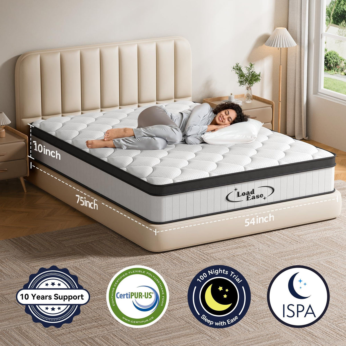 LoadEase Full Size Mattress, 10 Inch Full Mattress, Medium Firm Memory Foam & Individually Wrapped Pocket Springs for Back Neck Pain Relief, Motion Isolation, Edge Support LoadEase