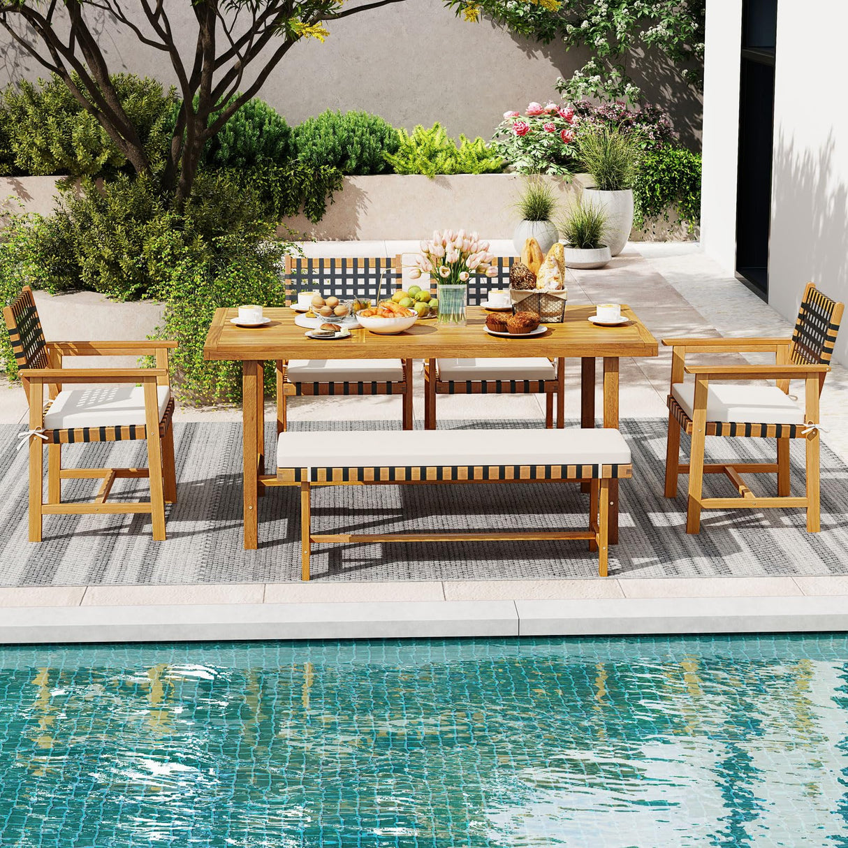 Tangkula 6 Piece Patio Dining Set for 5-6 People, 63” Outdoor Acacia Wood Table with 1.97” Umbrella Hole & Bench & 4 Cushioned Armchairs, for Deck Yard and Poolside Tangkula