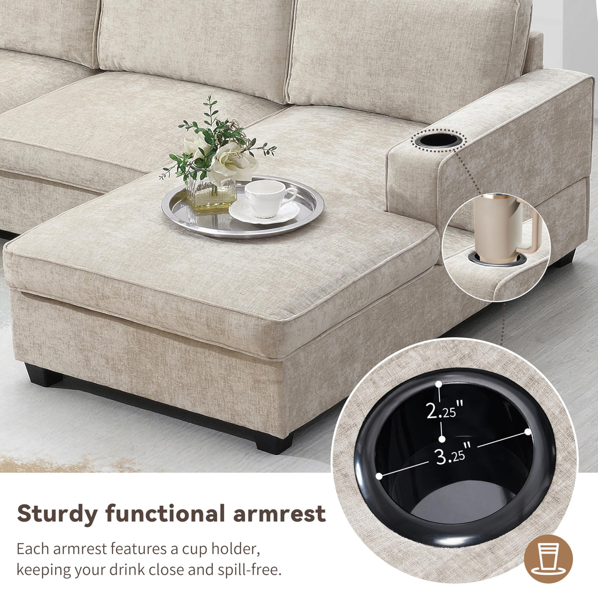 Merax 119" U Shaped Sectional Sofa, 6 Seat Chenille Corner Couch Set with Oversized Chaise Lounge, Comfy with Cup Holders for Living Room, Apartment, Beige Merax