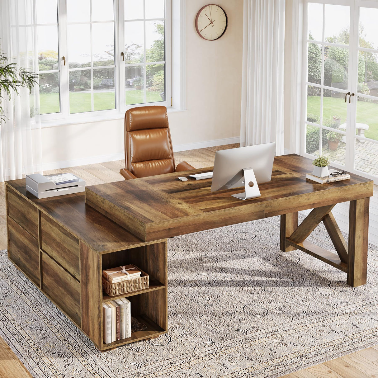 Tribesigns Farmhouse 63-Inch Executive Desk, L-Shaped Boss Desk Home Office Desks with Storage Shelves and Cabinet, Large Business Furniture Set for Home Office, Brown Tribesigns