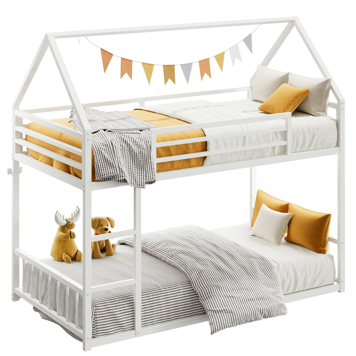 LIKIMIO Bunk Bed Twin Over Twin, House Bunk Bed Frame with Ladder and Guardrail, House Shaped with Metal Slats for Dormitory and Bedroom, Space Saving, No Box Spring Needed, White LIKIMIO