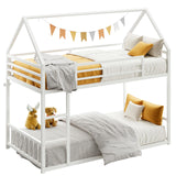 LIKIMIO Bunk Bed Twin Over Twin, House Bunk Bed Frame with Ladder and Guardrail, House Shaped with Metal Slats for Dormitory and Bedroom, Space Saving, No Box Spring Needed, White LIKIMIO