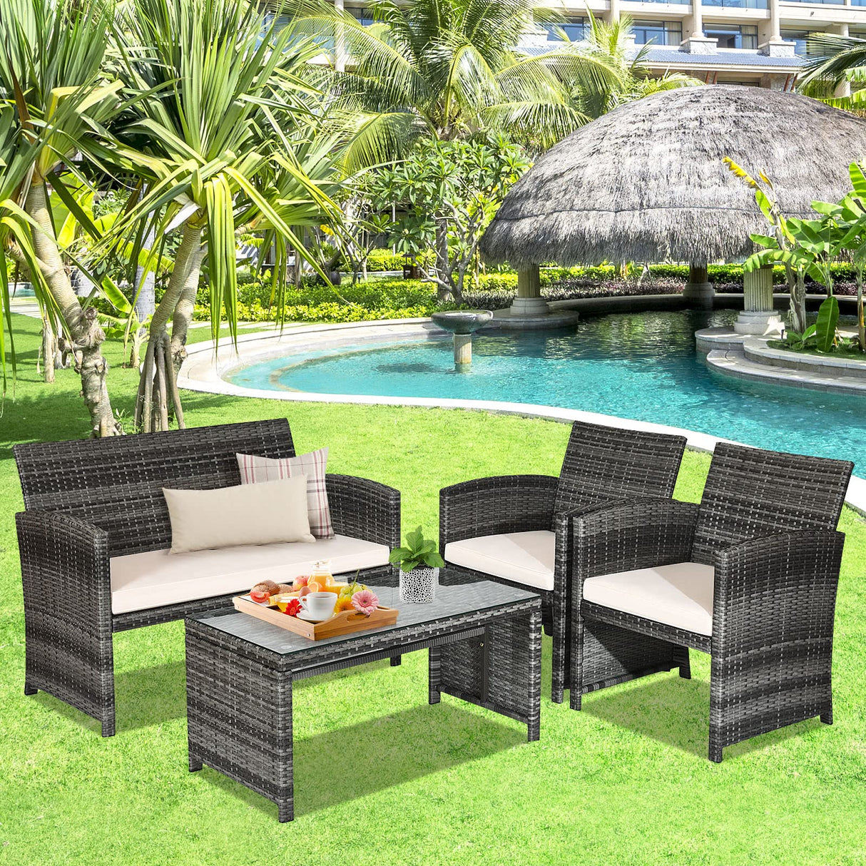 Goplus 4-Piece Rattan Patio Furniture Set, Outdoor Wicker Conversation Sofa with Weather Resistant Cushions and Tempered Glass Tabletop for Lawn Backyard Pool Garden (Beige) Goplus
