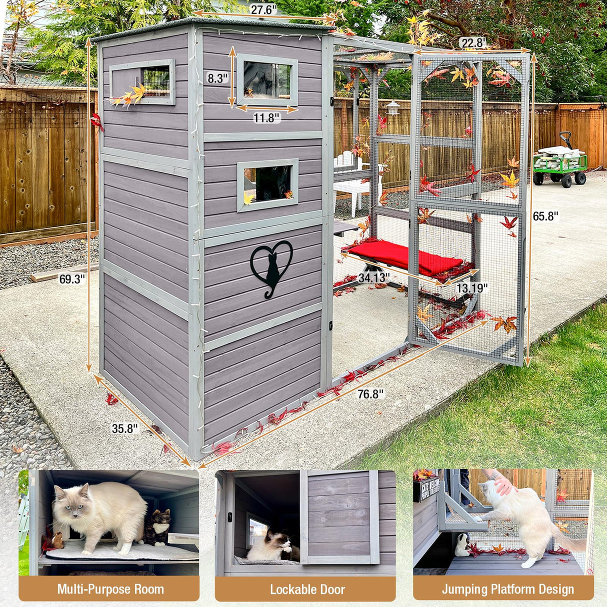 76.8 Inches Large Wood Catio, Catio Outdoor Cat Enclosure Large Walk in Cat Cage with 3 Platforms and 2 Resting Houses Suumerpety