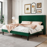 SHA CERLIN King Size Velvet Bed Frame with Vertical Channel Tufted Wingback Headboard, Upholstered Platform Bed with Wood Slats, No Box Spring Needed, Easy Assembly, Green SHA CERLIN
