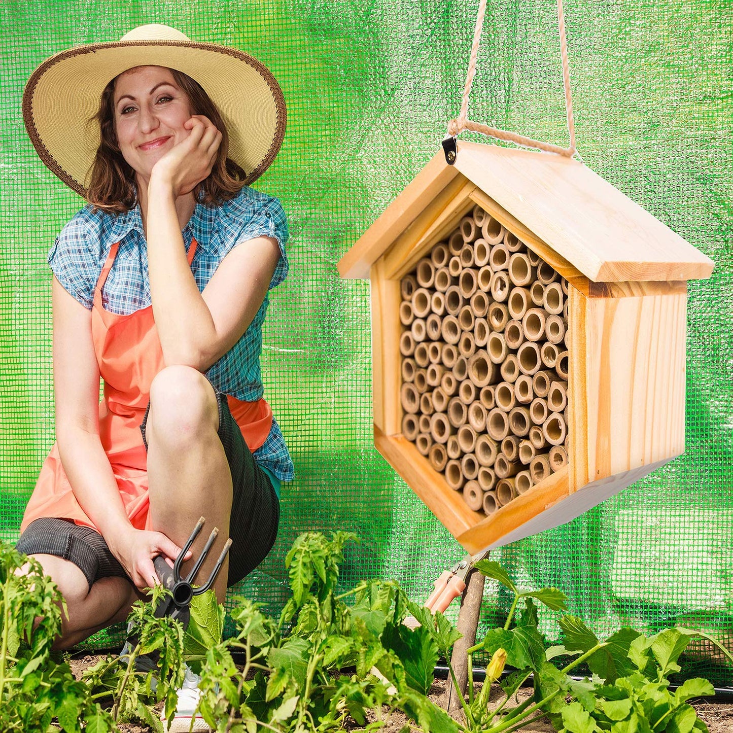 Mason Bee House Native Bee Hive Hexagon Bee House Natural Handmade Wooden Mason Bee Box Habitat Home Hotel with Bamboo Tubes -Attracts Peaceful Bee Pollinators to Enhance Your Garden's Produc - WoodArtSupply