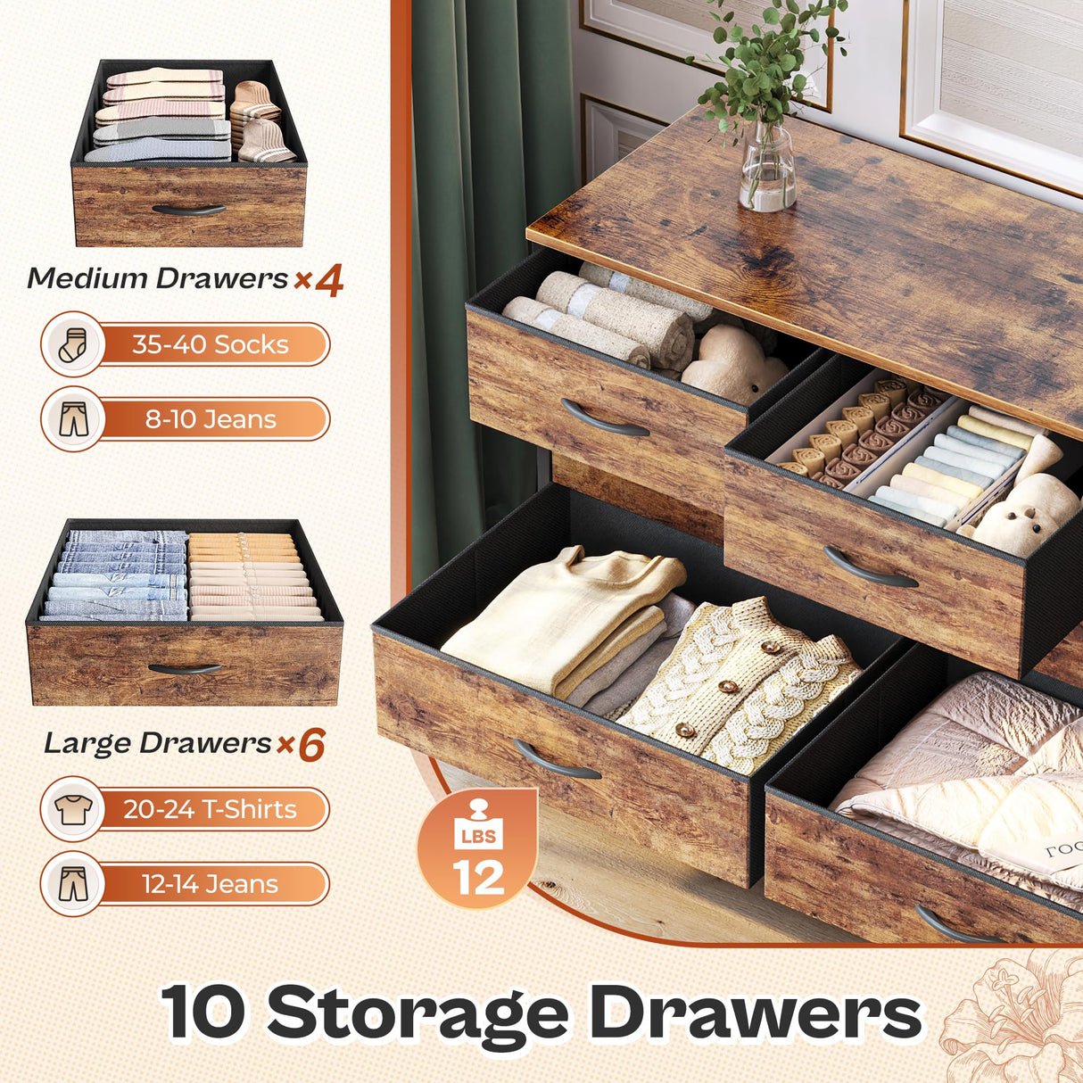 Huuger 63 Inch TV Stand Dresser for Bedroom, Long Dresser with 10 Fabric Drawers, TV Stand for 55, 65, 70 Inch TV, Entertainment Center, Wide Chest of Drawer, Rustic Brown Huuger