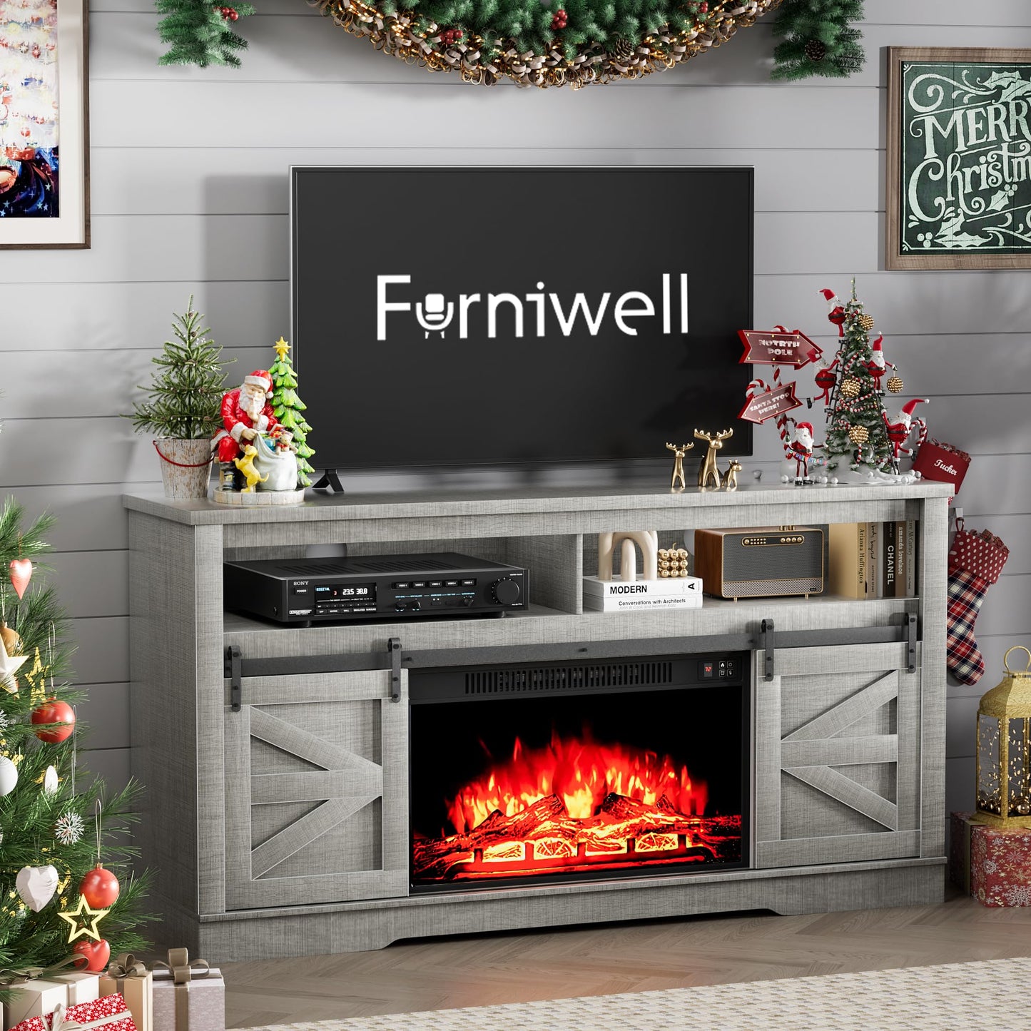 Furniwell Electric Fireplace TV Stand for TVs up to 65", Media Entertainment Center with 26” Fireplace, Farmhouse Console with Sliding Barn Door and Adjustable Storage Shelves for Living Room (Gray)