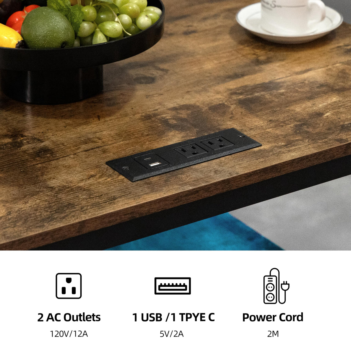 Finnhomy 3-Piece Dining Table Set, Small Kitchen Table with 2 Chairs, LED Light and USB Type-C Power Outlet, Space-Saving Design for Dining Room, Living Room, Apartment, Rustic Brown Finnhomy