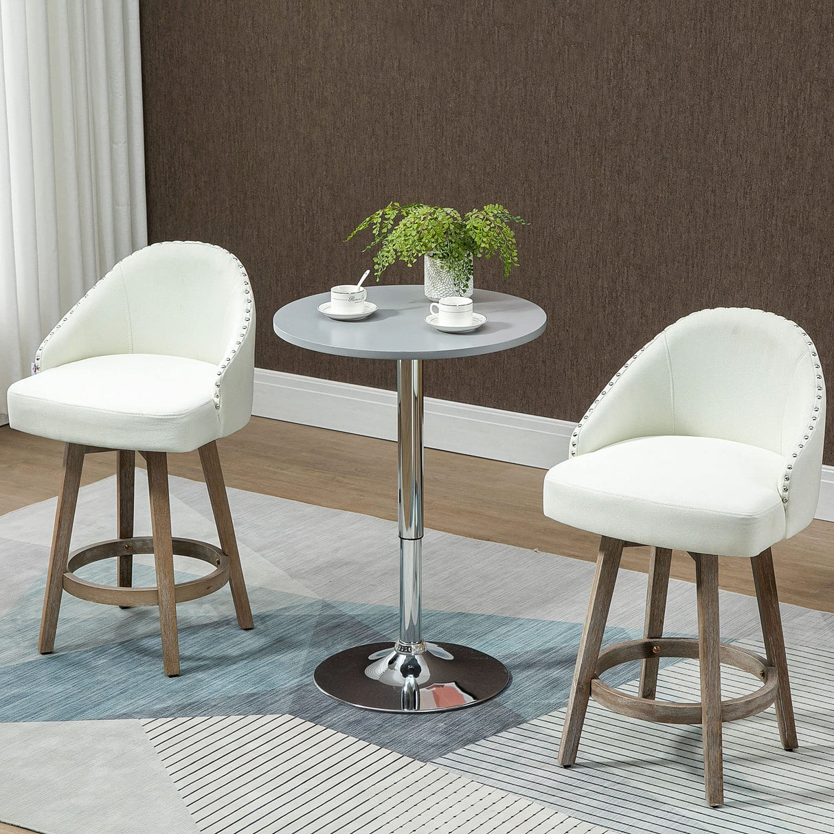 HOMCOM 26" Counter Height Bar Stools, Linen Fabric Kitchen Stools with Nailhead Trim, Rubber Wood Legs and Footrest for Dining Room, Counter, Pub, Set of 2, Cream White HOMCOM