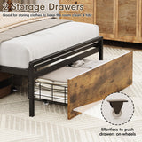 Maupvit Twin Bed Frame with 3-Tier Storage Shelves, Storage Drawer and Headboard, Twin Size Bed with Charging Station & LED Lights, Metal Platform Bed with Storage, No Box Spring Needed, Brown Maupvit