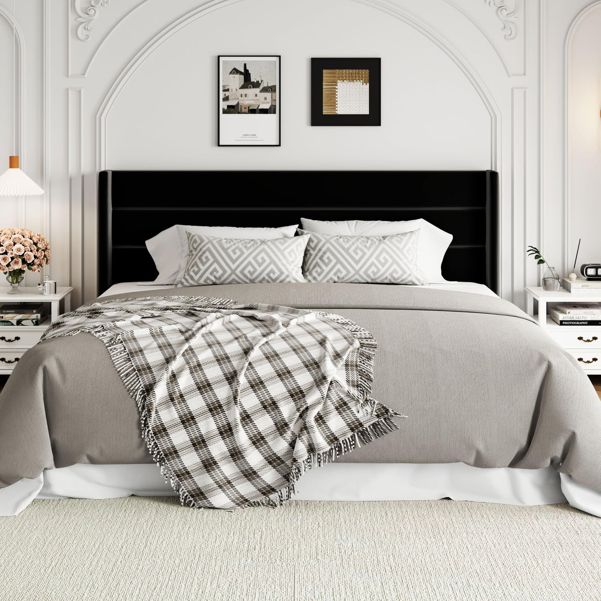 Allewie King Size Velvet Lift Up Storage Bed, Modern Wingback Headboard, Hydraulic Support, No Box Spring Needed, Black Allewie