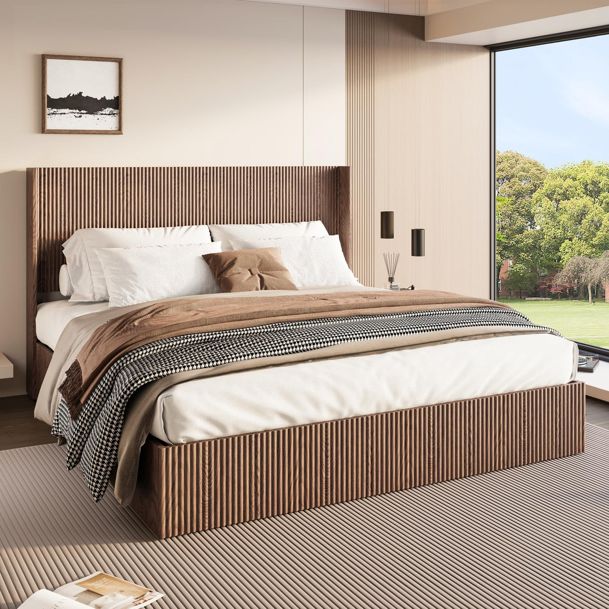 Lift Up Storage Bed King Size, King Bed Frame with Headboard and Lift Storage System, Wood Headboard with Wing-Back and Convex Groove Board Design Bellemave