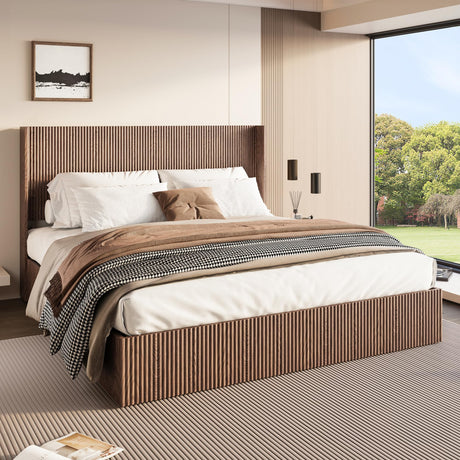 Lift Up Storage Bed King Size, King Bed Frame with Headboard and Lift Storage System, Wood Headboard with Wing-Back and Convex Groove Board Design Bellemave