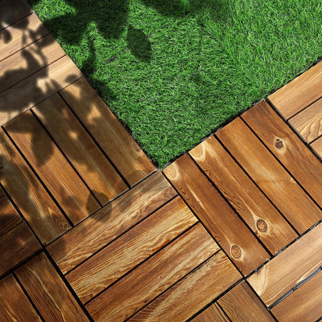 Menkxi 72 Pcs Hardwood Interlocking Patio Deck Tile and Artificial Grass Tile 12 x 12 In Waterproof Wood Flooring Tile Interlocking Turf Tile Outdoor Self Draining Tile for Balcony Garden Patio Lawn Menkxi