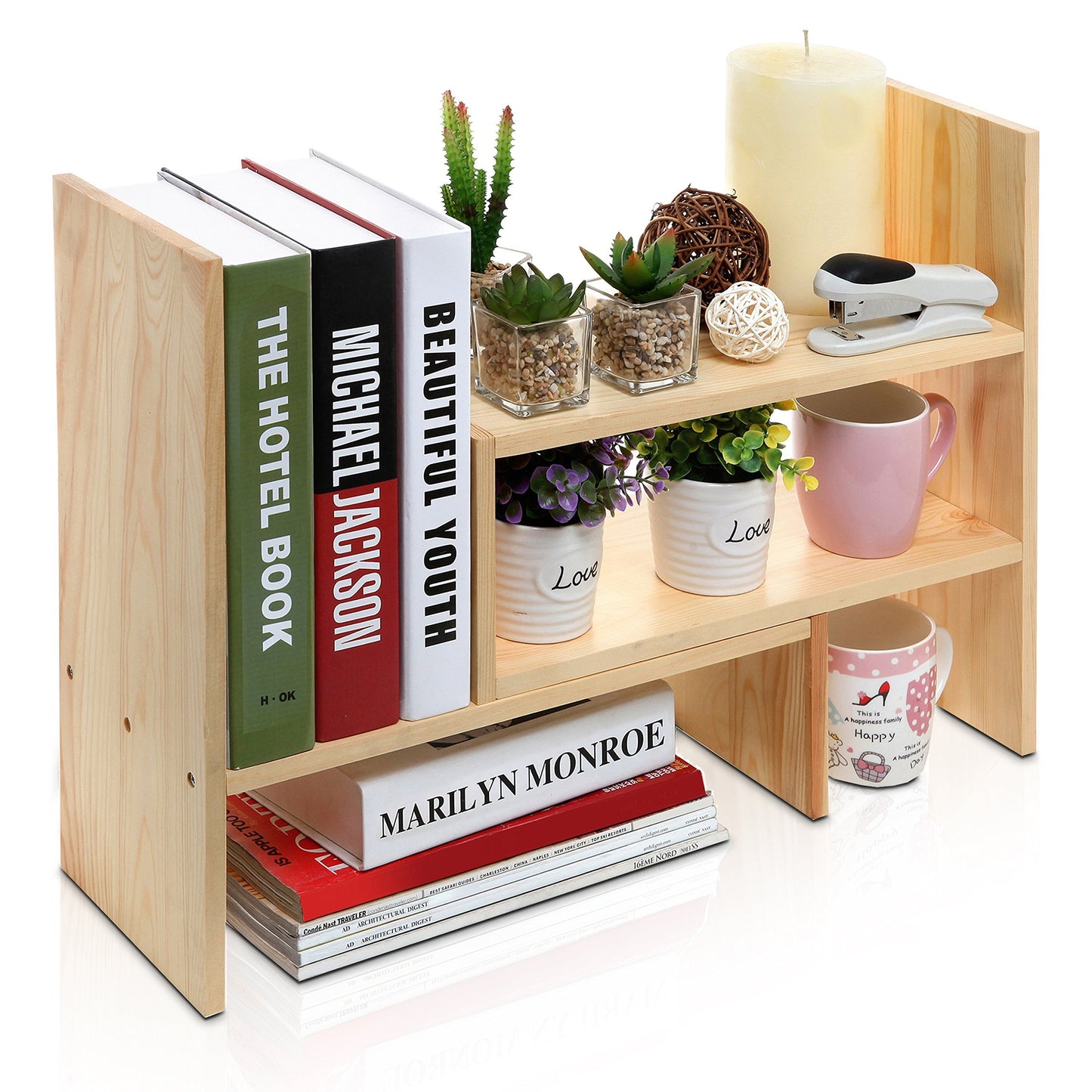 MyGift Adjustable Solid Wood Desktop Shelf Organizer in Beige - WoodArtSupply