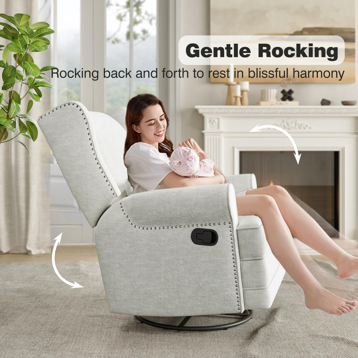 RoyalCraft Swivel Recliner Chair with Extra Large Footrest, Comfy Upholstered Glider Rocking Chair for Living Room, Bedroom and Office, Off White RoyalCraft