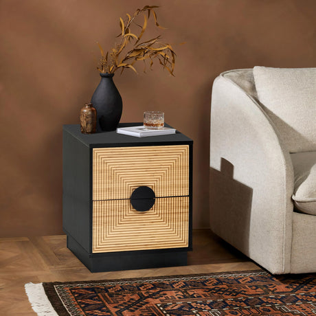 LuxenHome Night Stand, Mid Century Modern Nightstand with 2 Drawers, Boho Bedside Table with Bamboo Strips Pattern, Small End Tables Living Room or Bedroom, Small Side Table with Storage, Black/Brown LuxenHöme