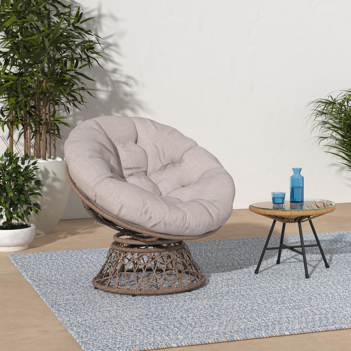 Bme 40" Ergonomic Wicker Papasan Chair with Soft Thick Density Fabric Cushion, High Capacity Steel Frame, 360 Degree Swivel for Living, Bedroom, Reading Room, Lounge, Silver Cloud - Brown Base Bme