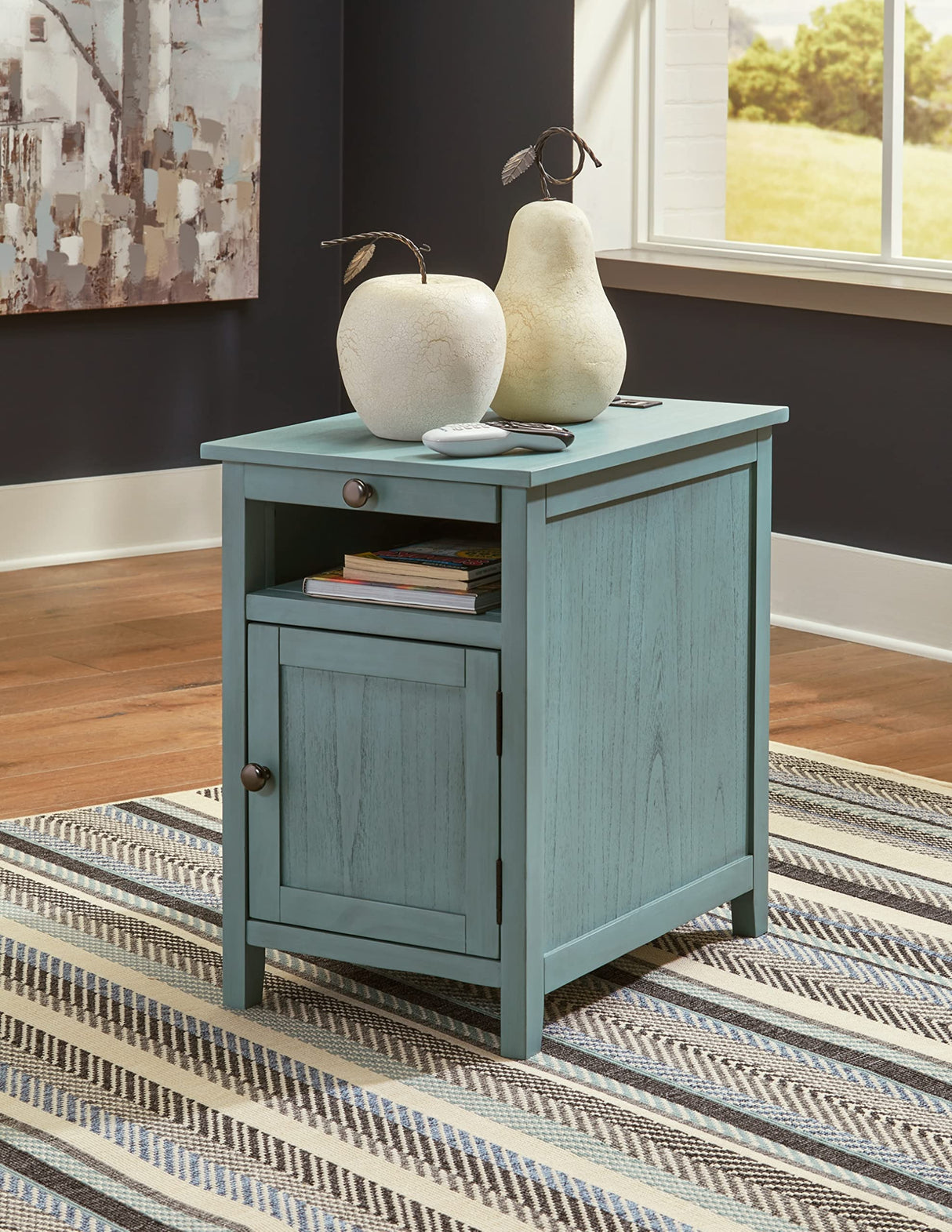 Signature Design by Ashley Treytown Casual Compact Chairside End Table with a Storage Cabinet, Open Cubby Shelf, Pull-Out Tray & USB Charging Ports, Blue Signature Design by Ashley