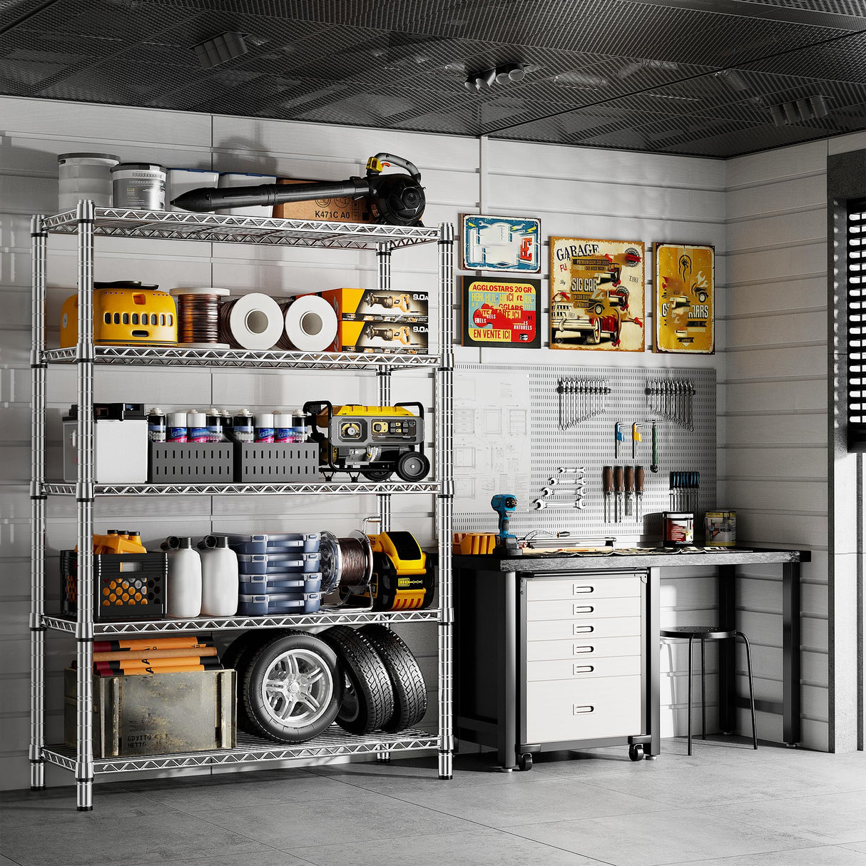 REIBII 5 Tier Wire Shelving,Storage Shelves Metal Shelves for Storage Loads 1200LBS,Adjustable Garage Shelving Heavy Duty Metal Shelving Storage Rack for Pantry Kitchen,71''HX35.5''WX14''D,Chrome REIBII