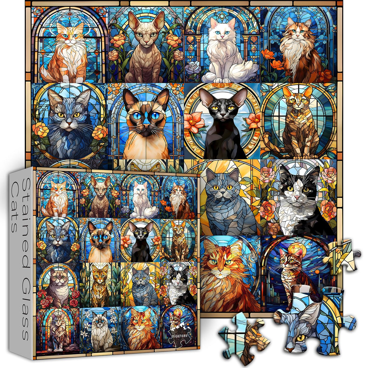 PICKFORU Stained Glass Puzzles Cat Puzzles for Adults 1000 Pieces, Kitten Kitty Puzzles Collage Puzzles 1000 Pieces Hard, Impossible Challenging Jigsaw Puzzles,Colorful Mosaic Cats Puzzle PICKFORU