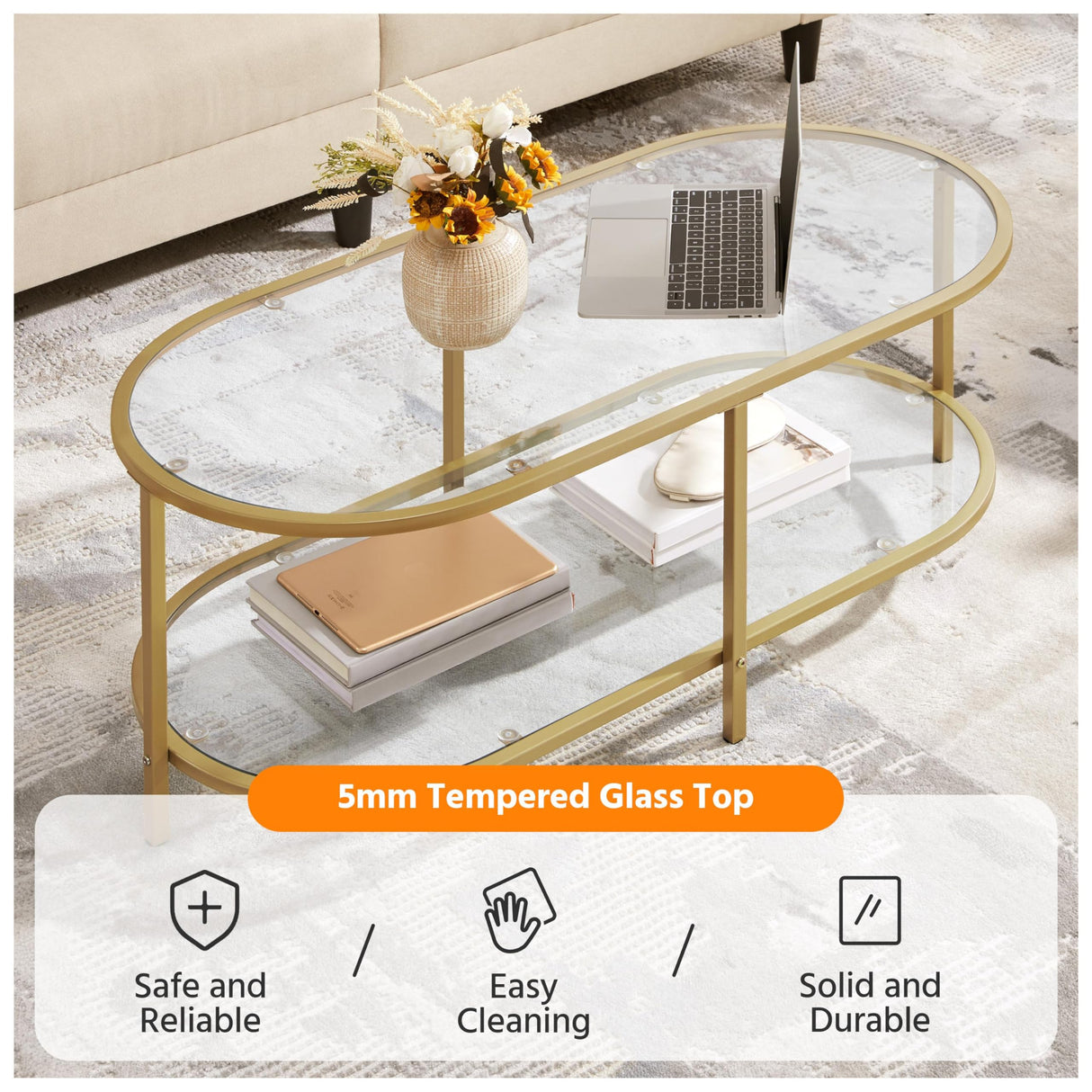 Yaheetech Gold Coffee Table, 42" Oval Glass Coffee Table for Living Room, 2-Tier Center Tea Table with Storage Shelf & Metal Frame for Small Space, Office Yaheetech