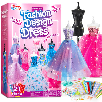 Klever Kits 400+PCS Fashion Design Crafts for Kids, Art and Crafts, DIY Sewing Kits with 3 Mannequins for Girls Aged 8-12, Birthday Presents, Toys fot Kids