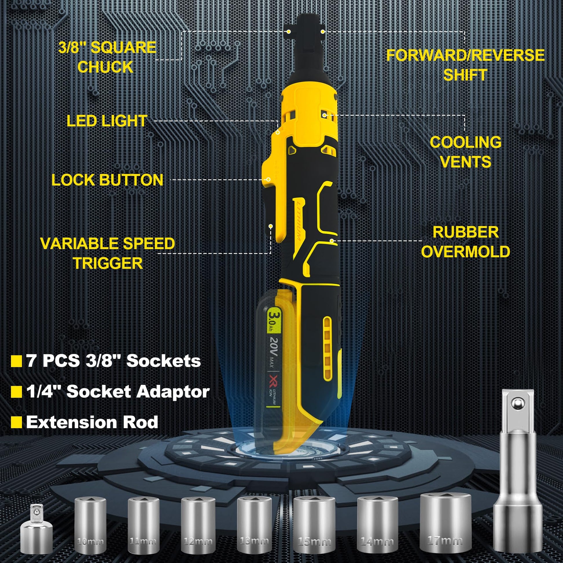 3/8" Cordless Ratchet Wrench Compatible with DEWALT 20V Battery, Electric Power Ratchet, Variable Speed Trigger, 45 Ft-lbs 400 RPM Wrench Tool, 7 Sockets, 1/4" Adapter & 3" Extension Bar (Too - WoodArtSupply