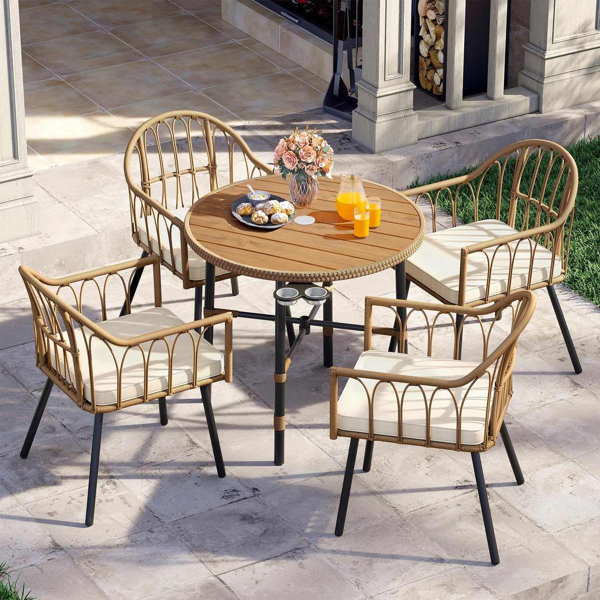 YITAHOME 5 Pieces Outdoor Patio Dining Table Chair Set,Wicker Patio Dining Set,Outdoor Rattan Dining Table Set for Patio, Backyard, Balcony, Garden (with Umbrella Hole) YITAHOME