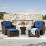 CHITA 5 Pieces Wicker Patio Furniture Set, Outdoor Conversation Set with 2 Pieces Rocking Swivel Chairs, 2 Pieces Ottomans and Side Table, Blue Cushions with Chestnut Wicker CHITA