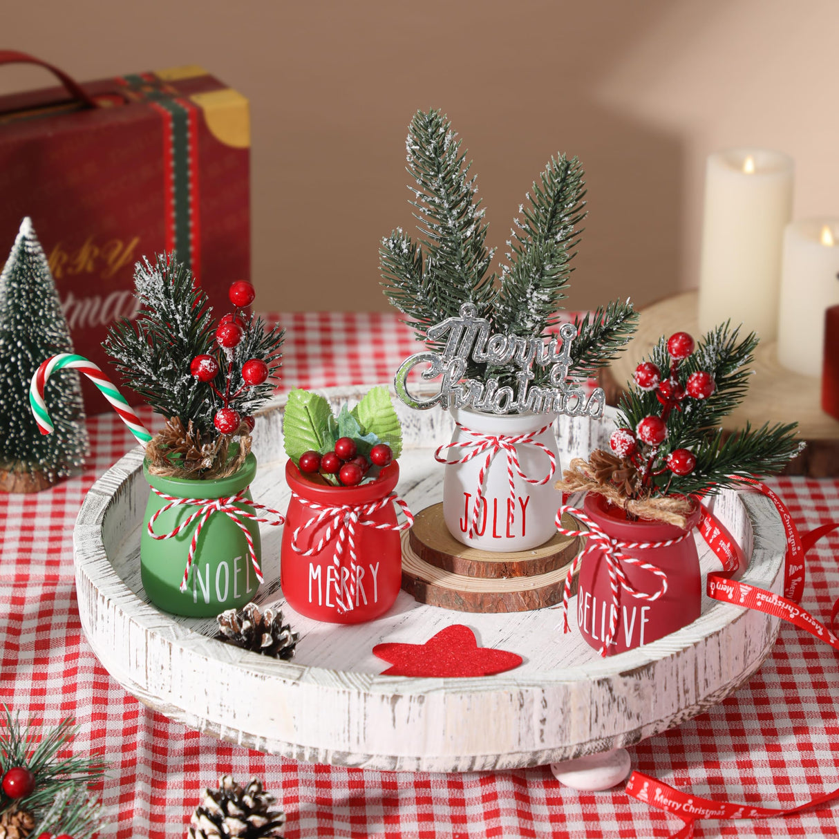 Christmas Mini Mason Jars, Winter Tiered Tray Decor, 4Pcs Holiday Farmhouse Decor Xmas Table Centerpieces Noel Merry & Jolly Decor for Home, Desk, Shelves, Christmas Gift WODOHOLO
