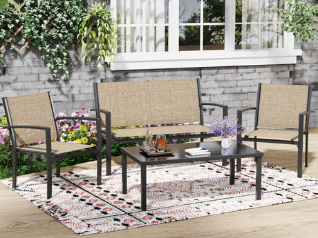 Greesum 4 Pieces Patio Furniture Set, Outdoor Conversation Sets for Patio, Lawn, Garden, Poolside with A Glass Coffee Table, Beige Greesum