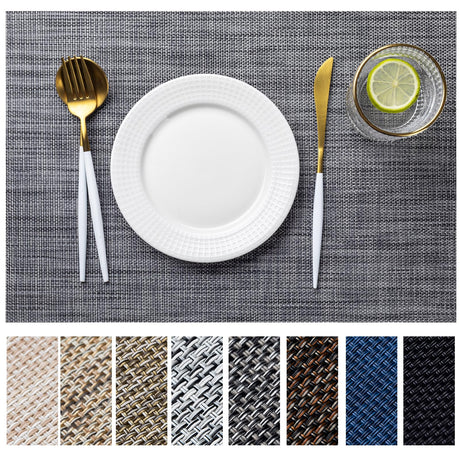 LEXMORE Placemats Set of 8 Vinyl/Plastic Woven Place Mats for Kitchen Table Indoor/Outdoor Washable Placemat Wipeable Dining Table Mats(Dark Gray) LEXMORE