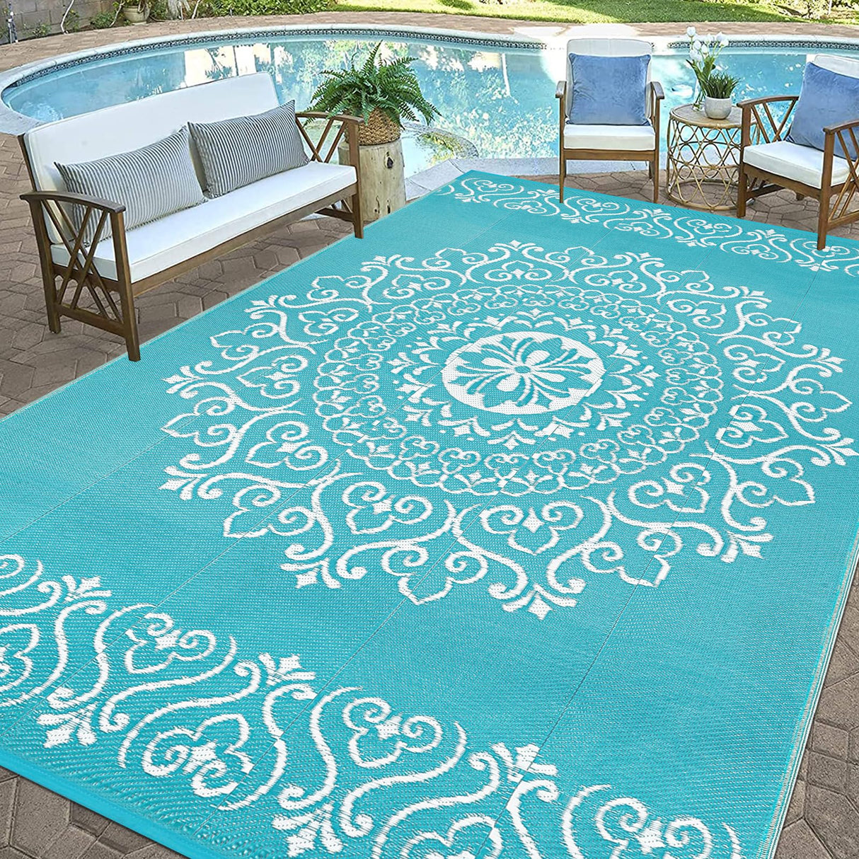 Pauwer Waterproof Outdoor Rug 9x12, Reversible Plastic Straw Patio Camping Rug, Indoor Outdoor RV Mat Carpet for Deck, Camper, Porch, Balcony, Backyard, Picnic, Floral Teal Pauwer